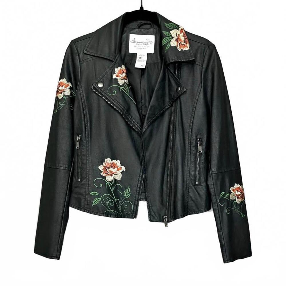 Chic Floral Embroidered Black Biker Jacket
